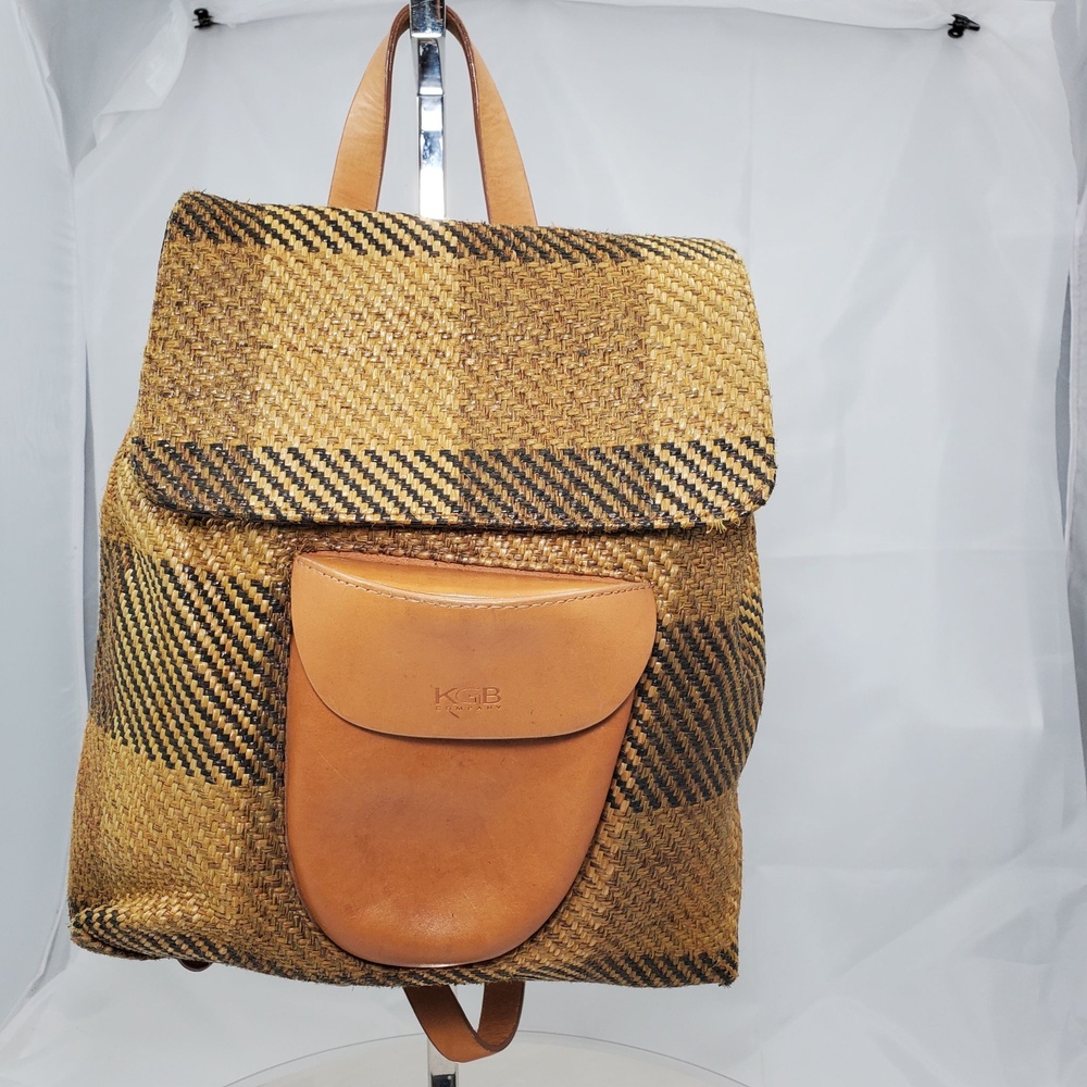 Vintage KGB Company Straw Leather Plaid Brown Backpack Bag Wool